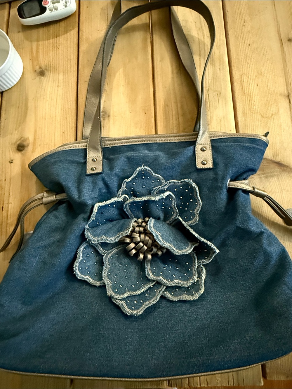 Denim Shoulder Bag with Decorative Flower Applique - Blue